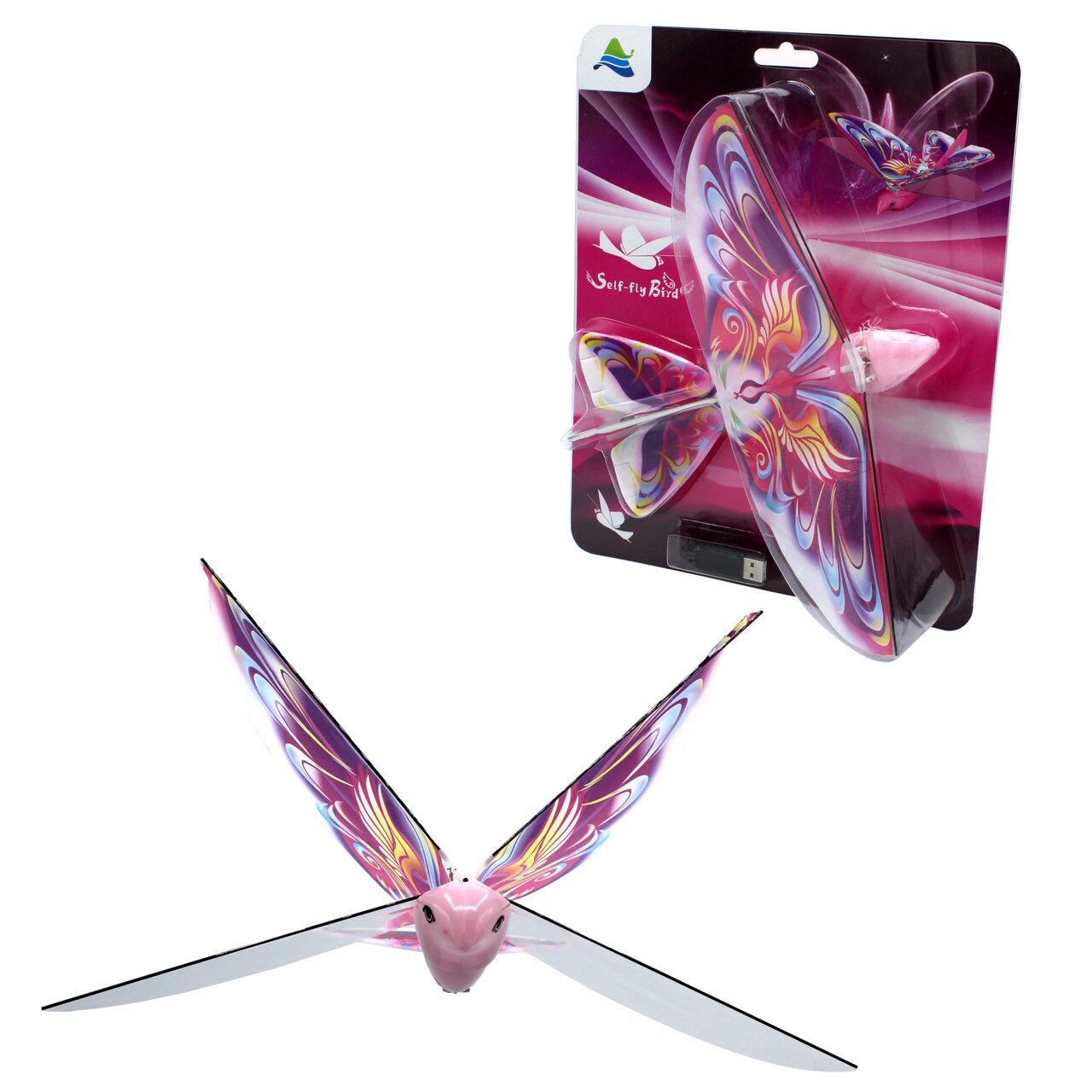 Self Flying eBird Pink Butterfly - Electronic Flying Bird Drone Toy. Adjust the Rudder to Make the Flapping Wings Bird Fly Forward and Back to You. 3 Flying Modes! No Remote Control Needed, USB Charging